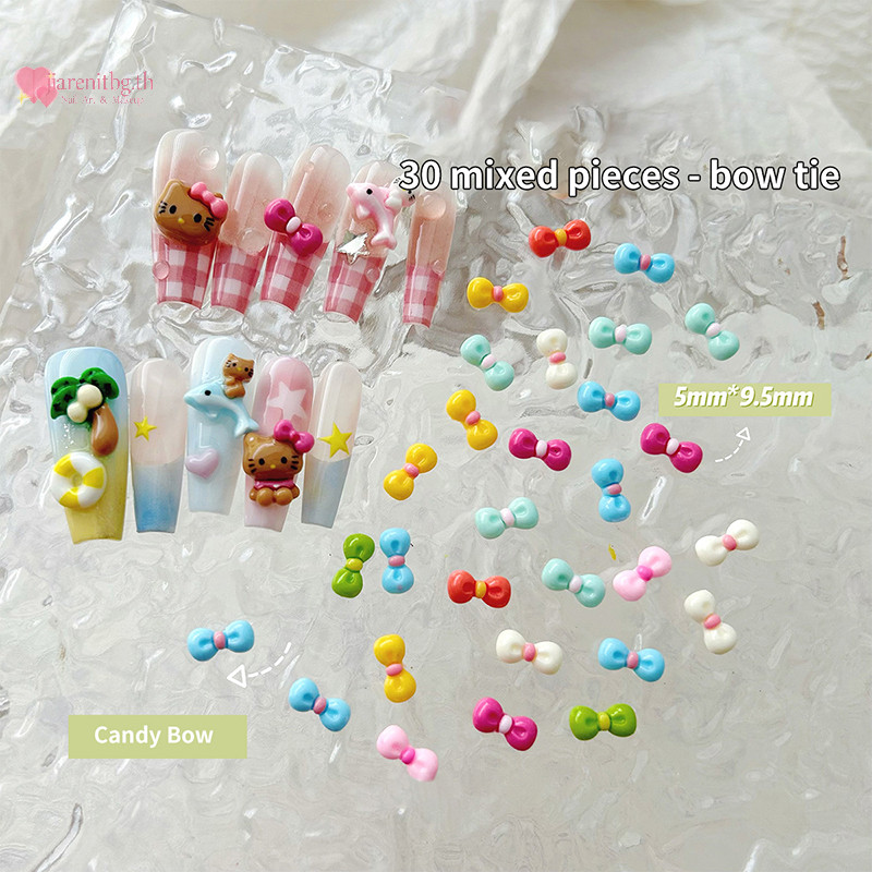 Renbg 30 ชิ้นผสมน่ารักโบว์ตกแต่งเล็บสีลูกกวาดสามมิติเล็บ DIY ศิลปินเล็บและผู้ที่ชื่นชอบ TH