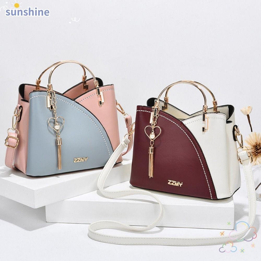 Ssunshine กระเป๋าสะพายข้าง, กระเป๋าเงินพร้อมกระเป๋าสะพายเข็มขัด, กระเป๋าถือหนัง Pu ขนาดใหญ่ลําลองสาว