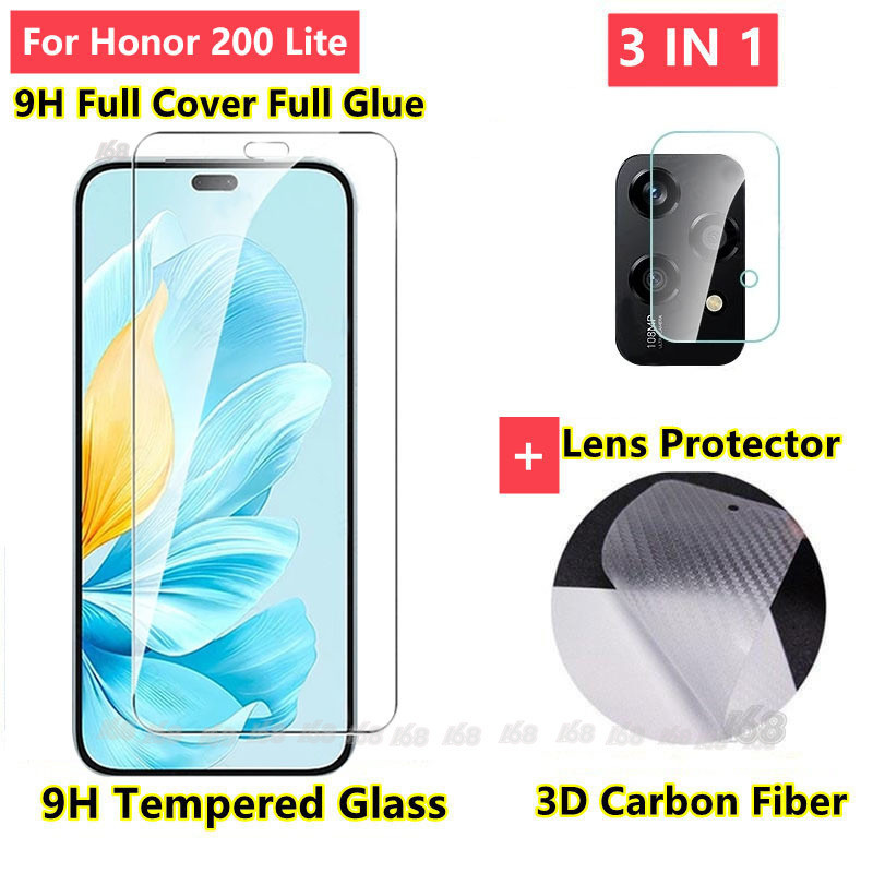 ฟิล์ม Honor 200 Lite กระจกนิรภัยฟิล์มกันรอยหน้าจอกล้องเต็มหน้าจอเลนส์ป้องกันด้านความเป็นส่วนตัวกระจก 3In 1 เต็มกาวเต็มรูปแบบ 3D คาร์บอนไฟเบอร์ฟิล์มด้านหลัง