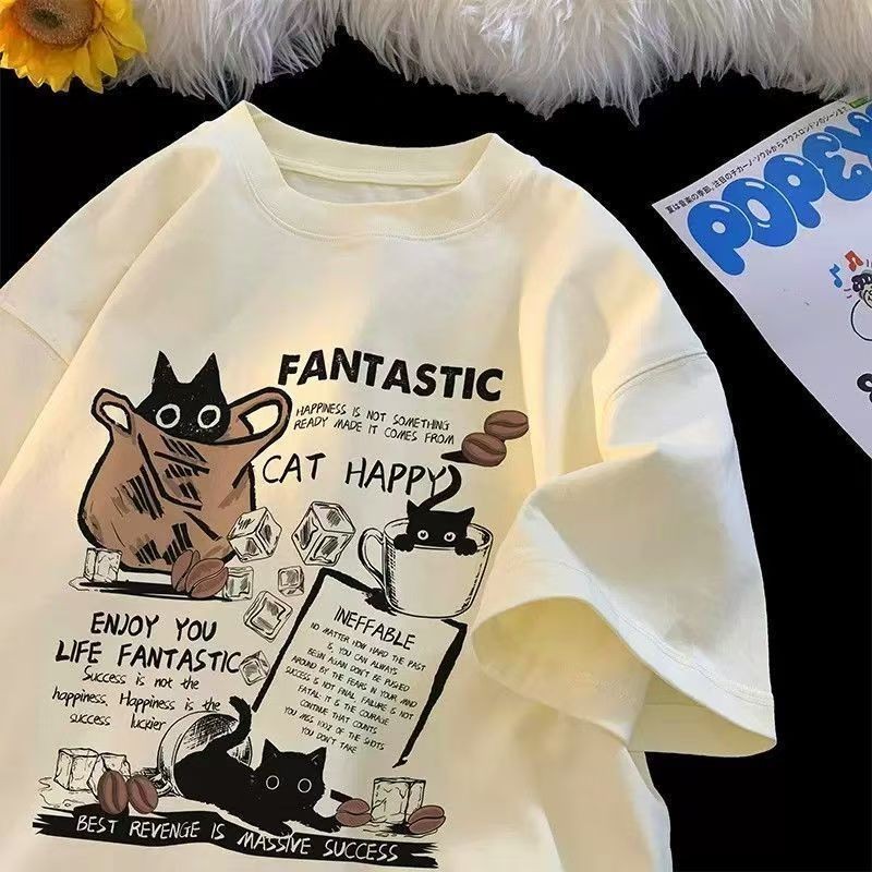 COD (จัดส่งในกรุงเทพฯ) MAO Shop เสื้อน่ารัก แมวกาแฟ Coffee cat ทรงหลวมสไตล์เกาหลี สีดำ สีขาว คอกลม เกรดพรีเมี่ยม #51652