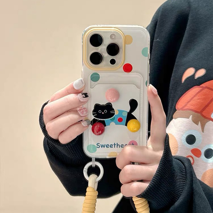 สี Polka Dot กระเป๋าการ์ดแมวดําเหมาะสําหรับ Apple 15 เคสโทรศัพท์ IPhone 14 Promax เชือกเส้นเล็ก 13 Ins12 การ์ตูน 11 นุ่ม 13Pro Anti Drop 14Pro เคสโทรศัพท์