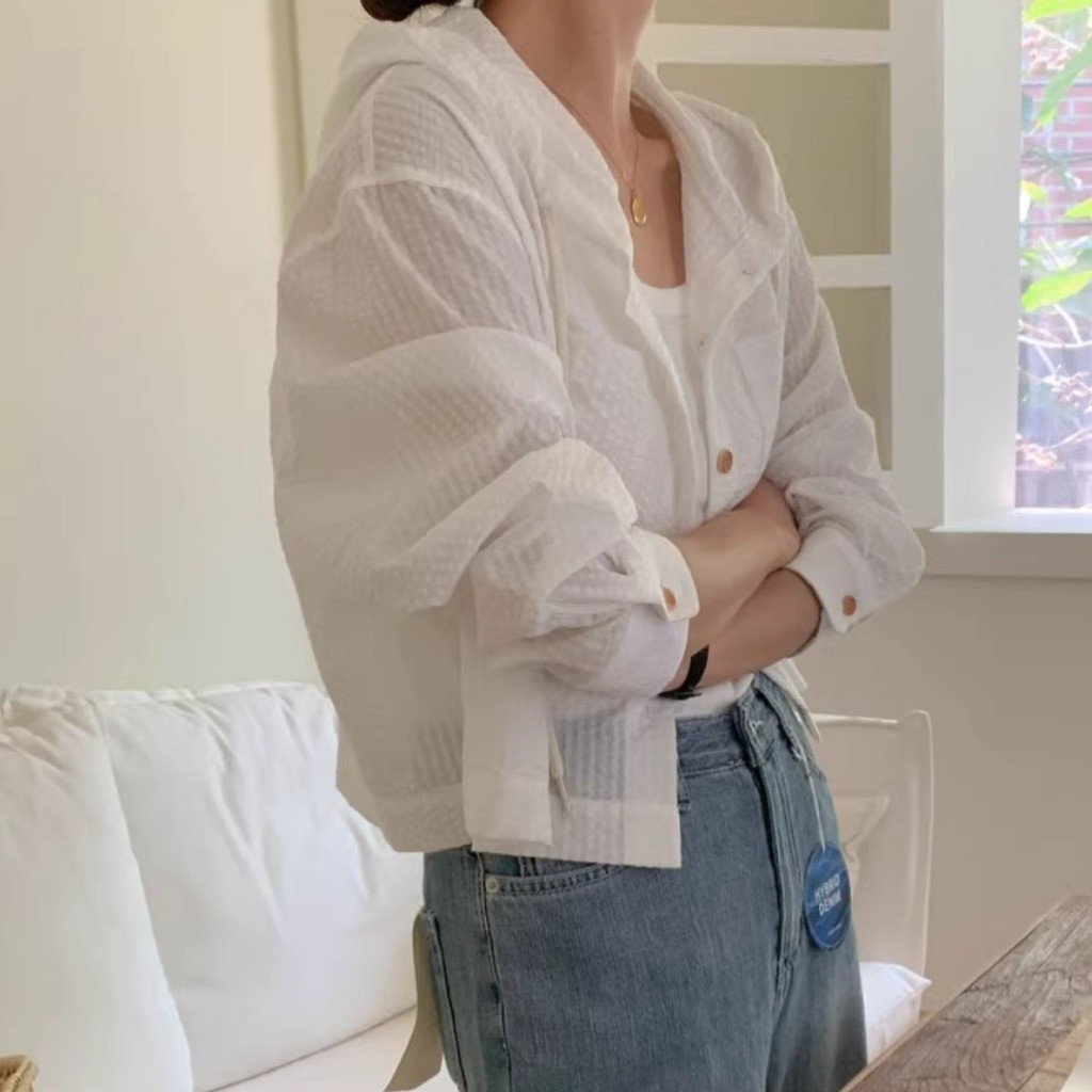 (พร้อมส่งจากกรุงเทพ🇹🇭) เสื้อฮู้ดแขนยาวฤดูร้อนใหม่ของผู้หญิงเสื้อคาร์ดิแกนหลวมลายทางเสื้อกันแดด - รูปที่ 4