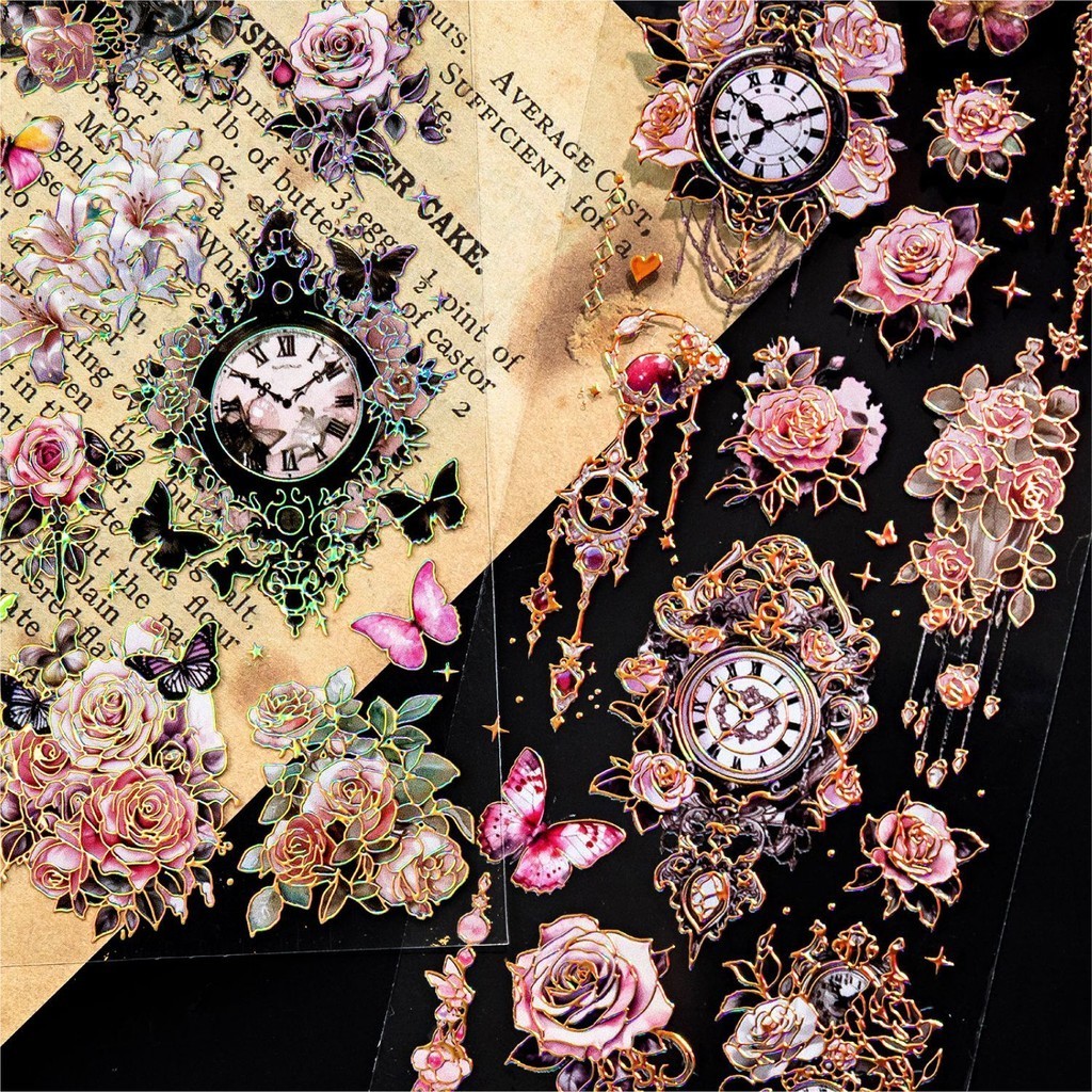 บทกวีน้ําตาลสติกเกอร์ปิดทองสามมิติ Rose Retract Series Dreamy งดงามผีเสื้อดอกไม้คู่มือ DIY ตกแต่ง Collage