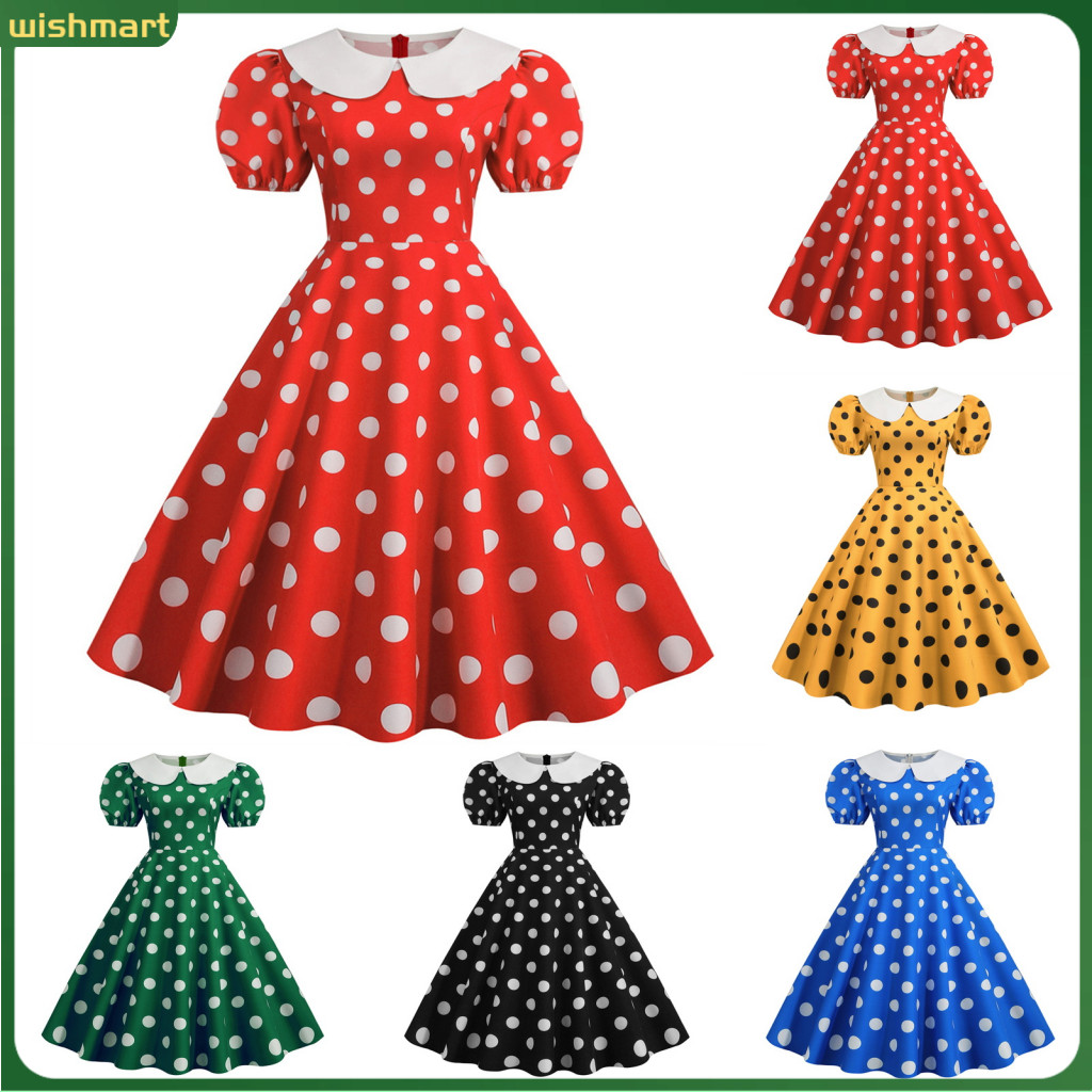 [WM] Flattering Silhouette Dress Retro Dot Dress Vintage Dot Print Party Dress เอวสูงสั้น Bubble Sle