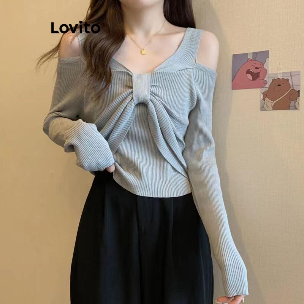 Lovito เสื้อสเวตเตอร์ไหล่เย็นธรรมดาสบาย ๆ สำหรับผู้หญิง LNA73351