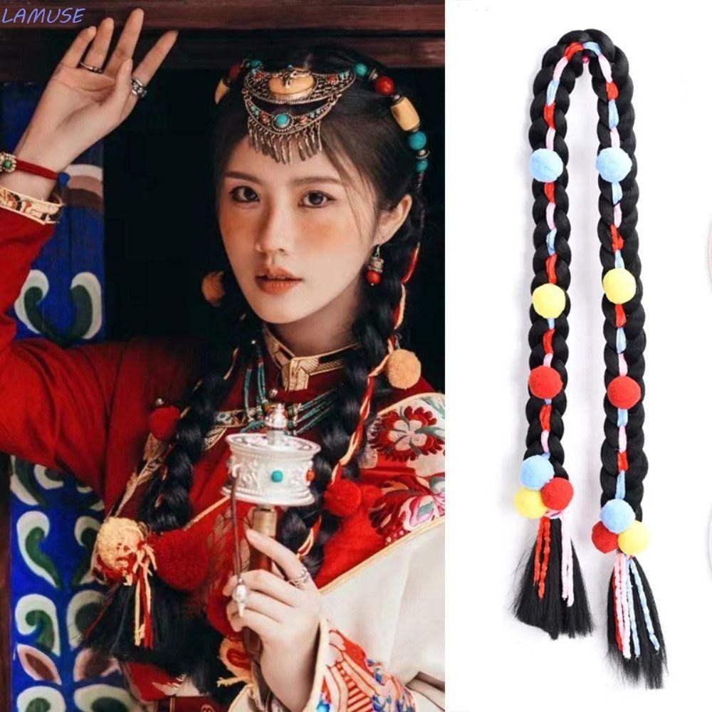 ลามูส์ ลูกบอลสีวิกผมถักเปียสีแดงแฟชั่นอุปกรณ์ผมคุณภาพสูงต่อผมไฟเบอร์ทนความร้อนอุปกรณ์ถ่ายภาพผู้หญิงหญิงทิเบตถักเปียวิกผม