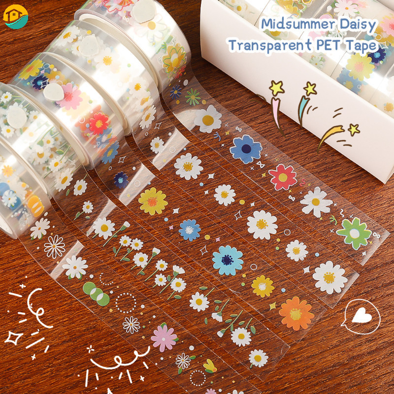 5 ม้วนโปร่งใส PET Daisy รูปแบบกันน้ํา Self-Adhesive เทป DIY อัลบั้มคู่มืออุปกรณ์ตกแต่ง