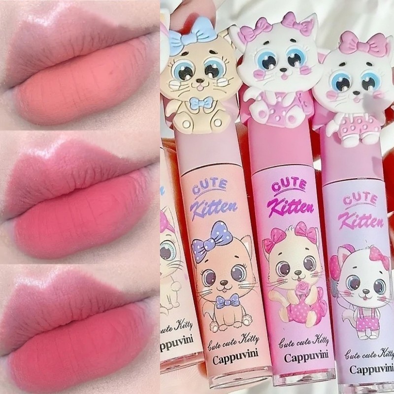 Cute Cat Matte Velvet Lip Gloss - Nude Mousse Lip Mud - Mist Lip Gloss - Waterproof, Lasting, Non-stick Cup Lipstick - Lip Makeup Cosmetics - Liquid Lipstick - Korean Lip Tint