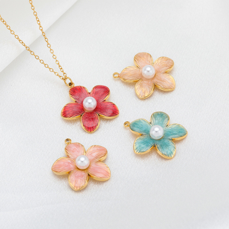 สีกักขังสแตนเลสน้ํามันหยดมุกดอกไม้จี้ย้อนยุคสร้อยคอสร้อยข้อมือจี้เครื่องประดับทําเอง