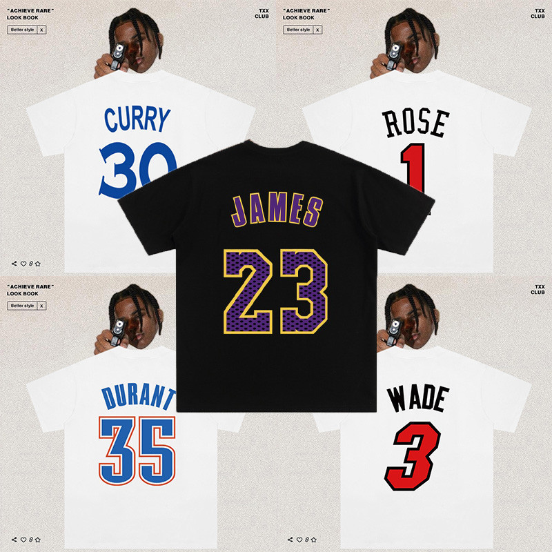 Nba Quality 220g เสื้อยืดผ้าฝ้ายสําหรับผู้ชายและผู้หญิงเสื้อบาสเก็ตบอลหลวม James Curry KD Wade Rose