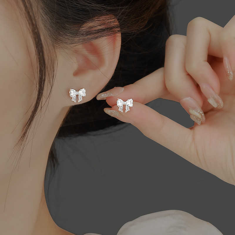 ส925 เงินโบว์ต่างหูแฟชั่นที่เรียบง่ายผู้หญิงเครื่องประดับของขวัญ