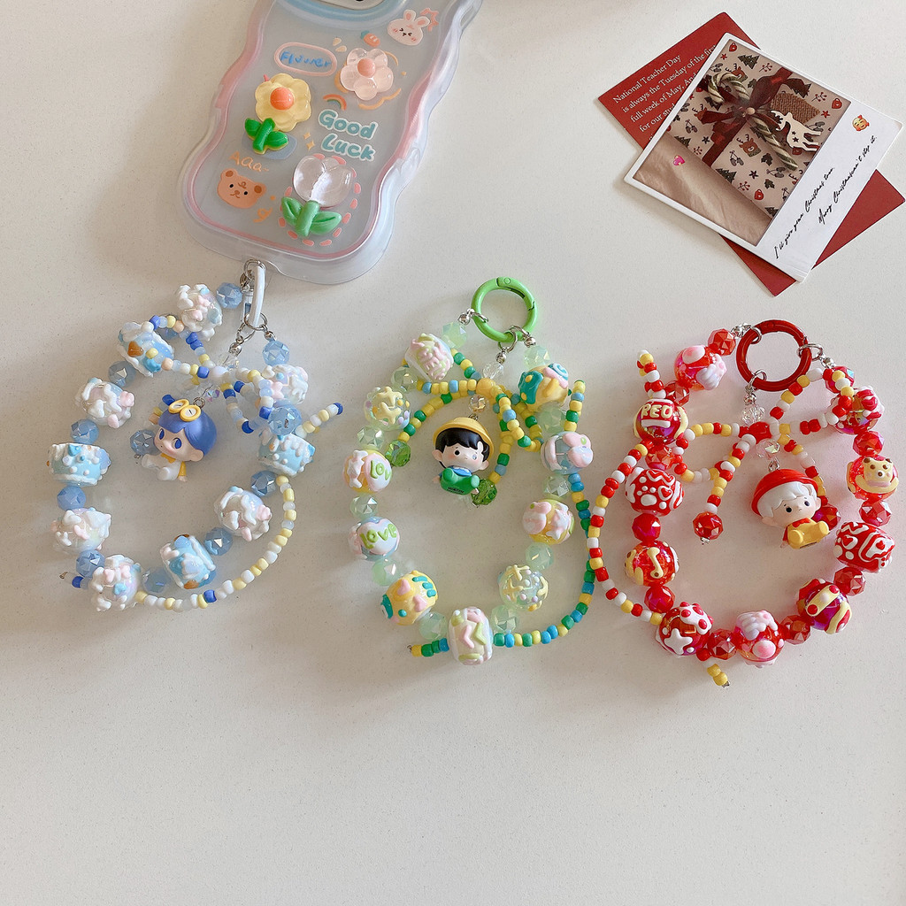 ของแท้ Pop Mart น่ารัก Grain โทรศัพท์มือถือโซ่ Key Chain กระเป๋าอุตสาหกรรมหนักมือวาดลูกปัดคริสตัลลูกปัดจี้การ์ตูน Shock @
