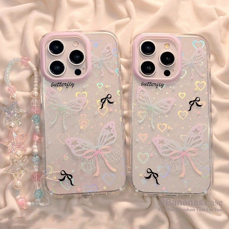 Iphone 15 14 13 12 11 Pro Max X Xr Xs Max 7 8 Plus SE2020 เคสโทรศัพท์น่ารักสีสันผีเสื้อ + Lanyard Soft ฝาหลัง