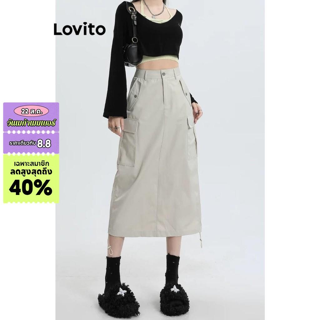 Lovito กระโปรงผู้หญิง แบบเชือกรูด มีกระเป๋า กระดุม สีพื้น สไตล์ลำลอง LNE52175