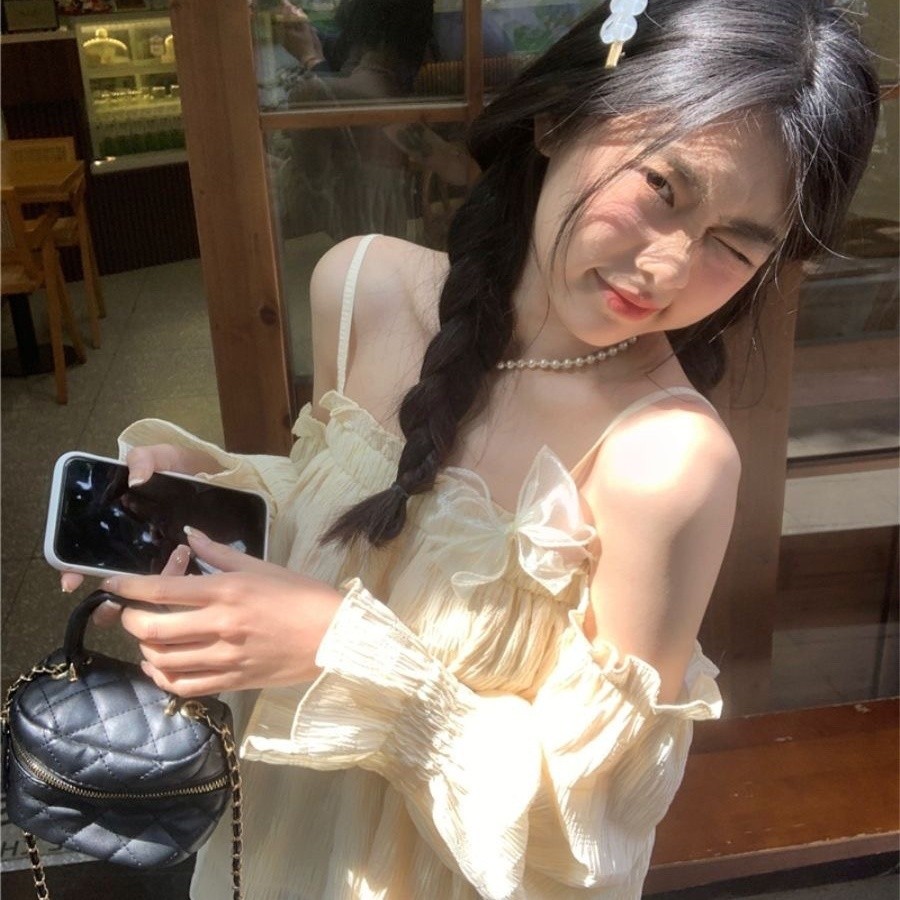 New Suspender Shirt Design Pleated Long-Sleeved Top Bow Spring and Summer Sweet off-Shoulder Women2023Short