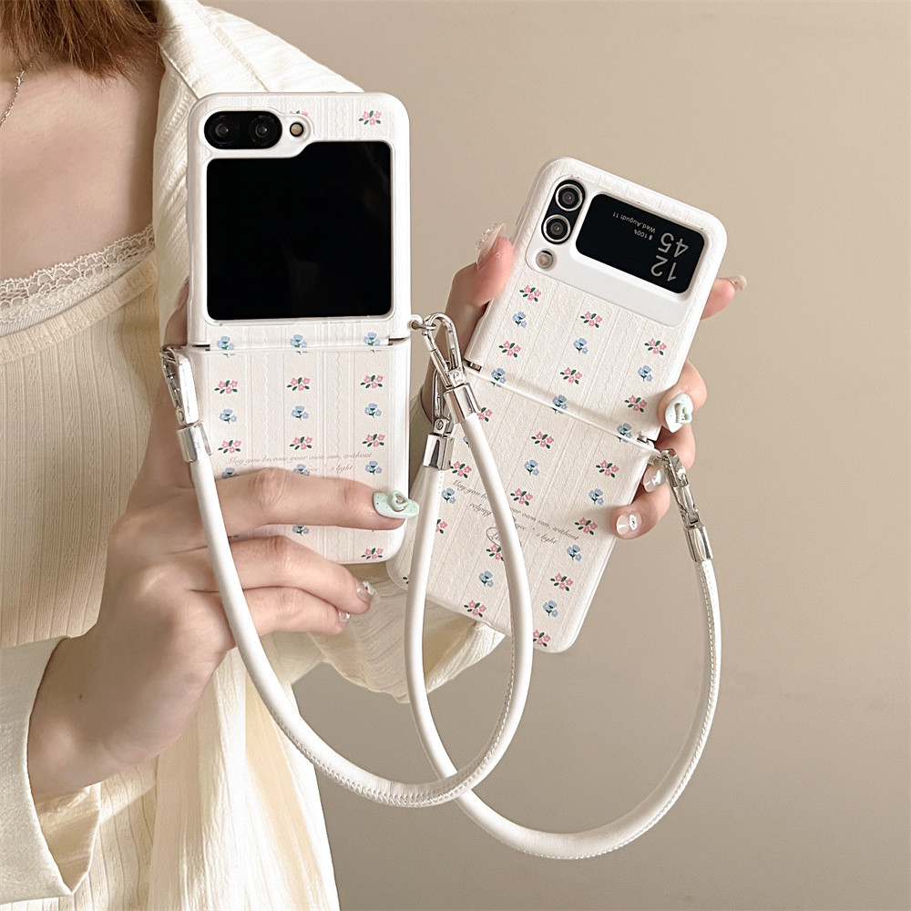 Z Flip6 แฟชั่นดอกไม้หนังสําหรับ Galaxy Zflip5 Z Flip 6 5 4 3 Flip3 Z Flip4 2in1 Full Coverage สายรัด