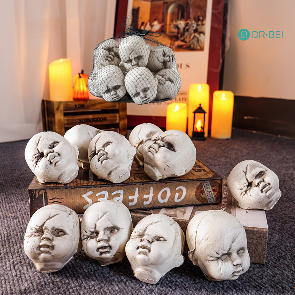 Dr.bei 10 ชิ้นฮาโลวีนตุ๊กตาเด็กพร้อมกระเป๋าน่ากลัวหัวโครงกระดูกพลาสติกเครื่องประดับ Creepy Skull รูปปั้นสําหรับ Home Party Decor