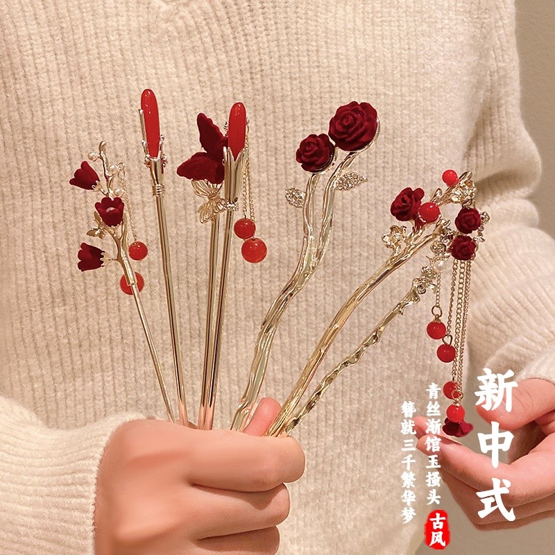 ฤดูใบไม้ร่วงกุหลาบกิ๊บสาวสีแดงย้อนยุคกํามะหยี่โลหะผสมผ้าโพกศีรษะ