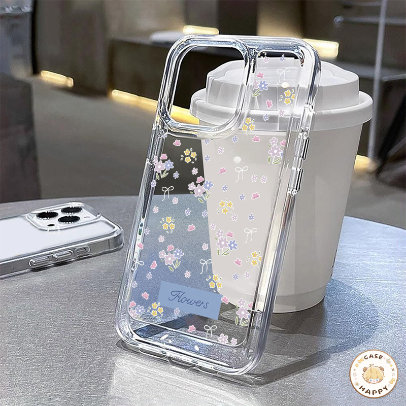 โบว์ดอกไม้สีโรแมนติกสวยงาม ทำความสะอาด เคสIPhone 11 15 13 Pro Max 7Plus 12 14 Pro Max X XS XR Max 7 8 14 15 Plus SE 2020
