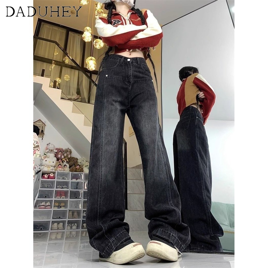 DaDuHey2026 2026 New Summer Black Gray High Waist Loose Drooping Straight Jeans Women's American High Street Retro Washed Distressed All-Matching Wide Leg Jeans - รูปที่ 2