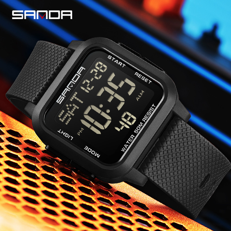 Sanda Square นาฬิกาสีทึบ Retro อินเทรนด์ Night Light กันน้ําอิเล็กทรอนิกส์นาฬิกาผู้ชาย SD2194-8