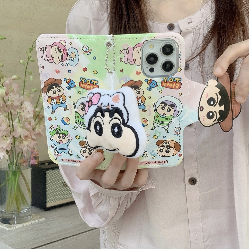 น่ารัก Shinchan ผู้ถือบัตรแขวน PU Filp สําหรับ Apple iPhone 16 15 14 13 12 Pro Max เคสกันกระแทก