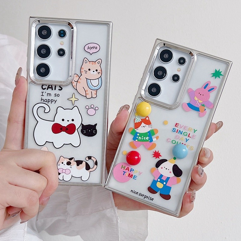 เหมาะสําหรับ Samsung s24ultra เคสโทรศัพท์โปร่งใสรูปแบบ 3 Star s23 + plus Electroplating Silver Edge s22uitra การ์ตูนน่ารัก s21fe รวมทุกอย่างกันกระแทก s20ef หญิง note20utrla กรณี