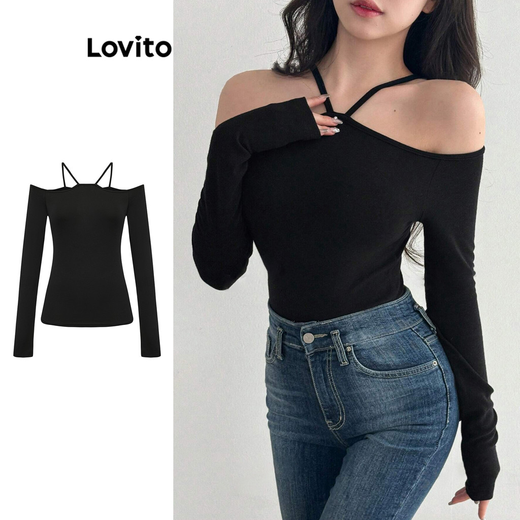 Lovito เสื้อยืดไหล่เย็นเรียบหรูธรรมดาสำหรับผู้หญิง L95ED396