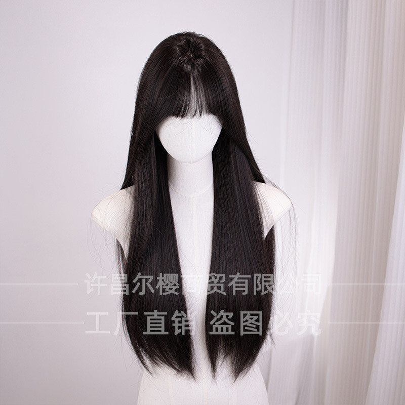 Erying [Fujiang] XCEYL22 วิกผมฤดูร้อนสไตล์ใหม่หญิงธรรมชาติเหมือนจริง Bangs สีดําผมยาวตรงหน้ากลมธรรมชาติเต็มหมวก