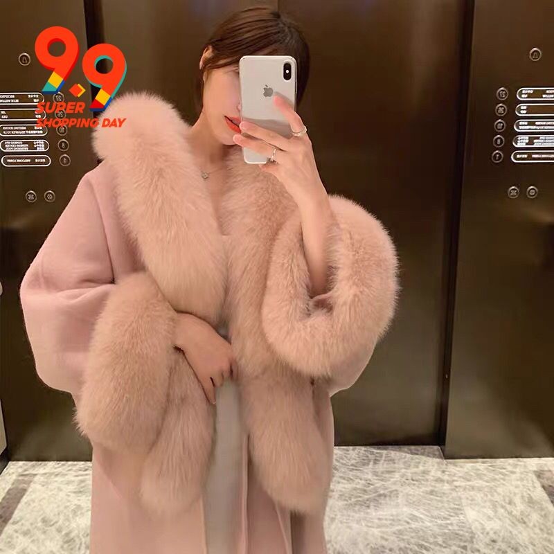 2022 new Korean version of double-sided cashmere lazy style imitation fox fur cloak double-sided, medium-length coat woman