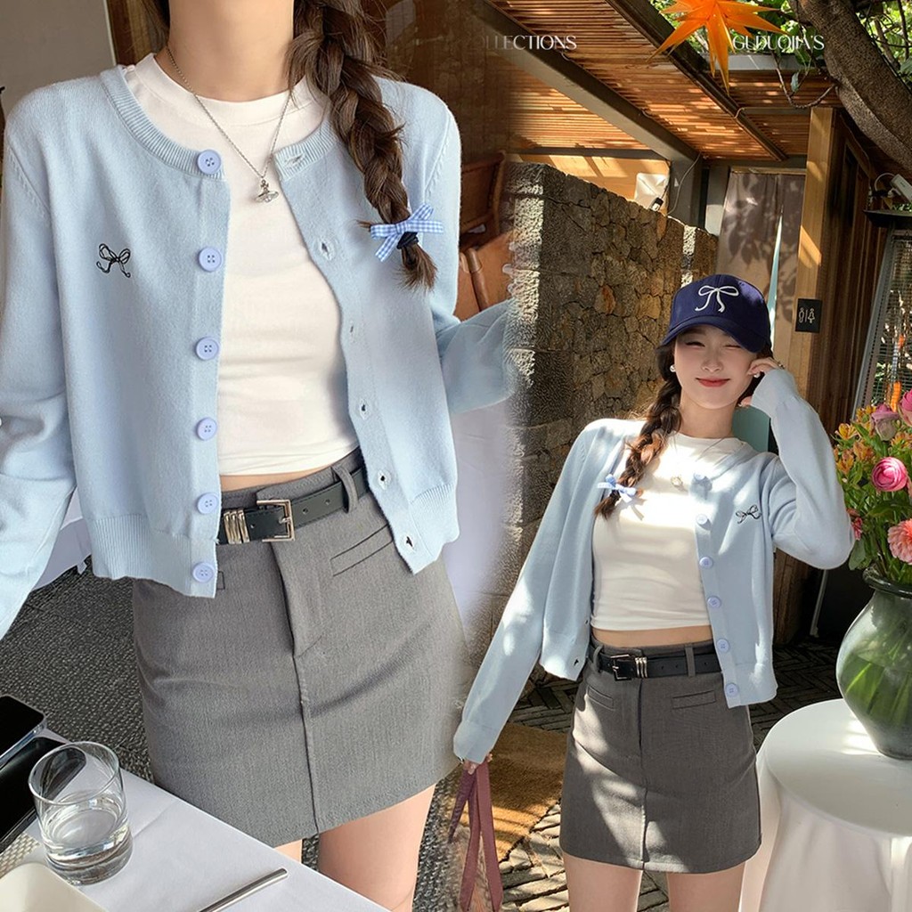 🌻Grace🌻 คาร์ดิแกนแขนยาวบางสีฟ้า หูกระต่าย เย็บปักถักร้อย เวอร์ชั่นเกาหลี เสื้อผ้าสาวอวบอ้วน #Z042