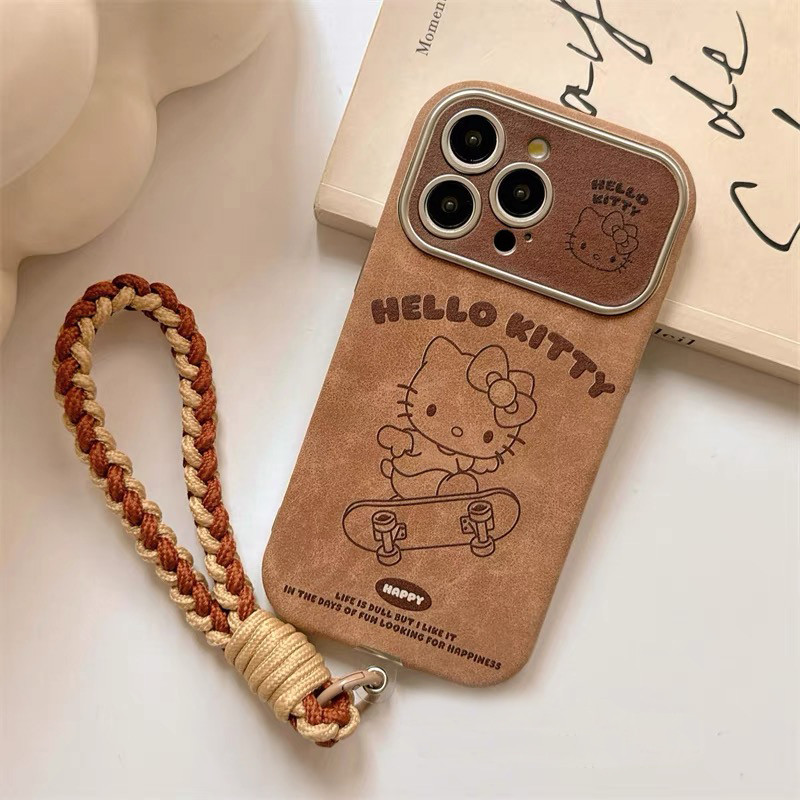 หนังสีน้ําตาล HelloKitty เหมาะสําหรับเคสโทรศัพท์ IPhone 14 IPhone 16 ProMax รุ่นใหม่ 15pro พร้อมเชือกเส้นเล็ก 12 สติ๊กเกอร์หนัง, 13 Soft Case 14pro รวมทุกอย่าง