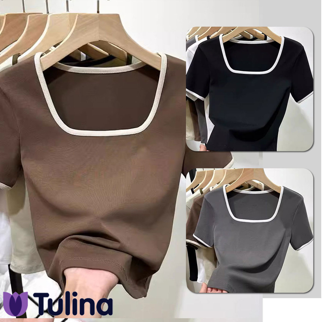 เสื้อยืดแขนสั้นหญิง คอเหลี่ยม ใหม่ล่าสุด ดีไซน์ตัดสี