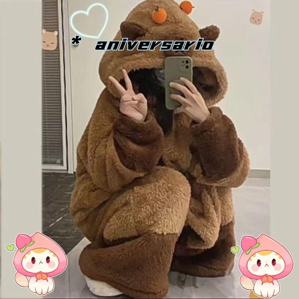 Aniiversario ชุดนอน+กางเกง, ชุดนอนฤดูหนาวที่อบอุ่น, ขนแกะปะการัง Capibara พร้อมคลิปสีส้มชุดนอน