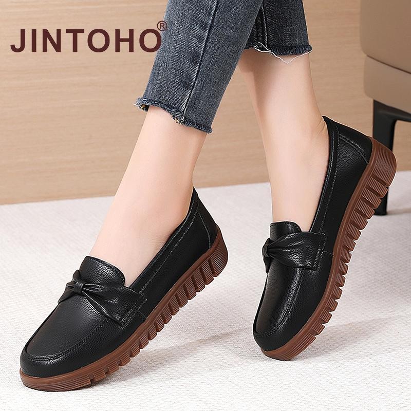 Jintoho คุณภาพสูงวัวหนังผู้หญิงรองเท้าแฟชั่น Breathable Casual ผู้หญิงรองเท้าไม่มีส้น Slip บนสุภาพสตรีรองเท้า