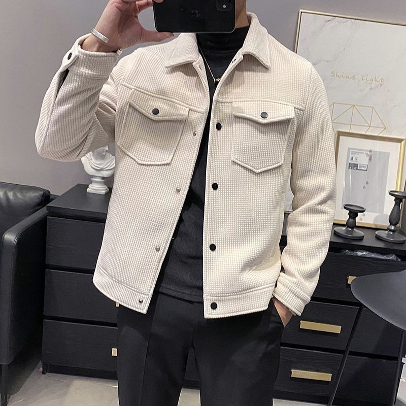 Waffle Jacket เวอร์ชั่นเกาหลี Lapel Slim-fit Boys เสื้อแจ็คเก็ตสั้น Casual เสื้อแจ็คเก็ตกันลมผู้ชาย