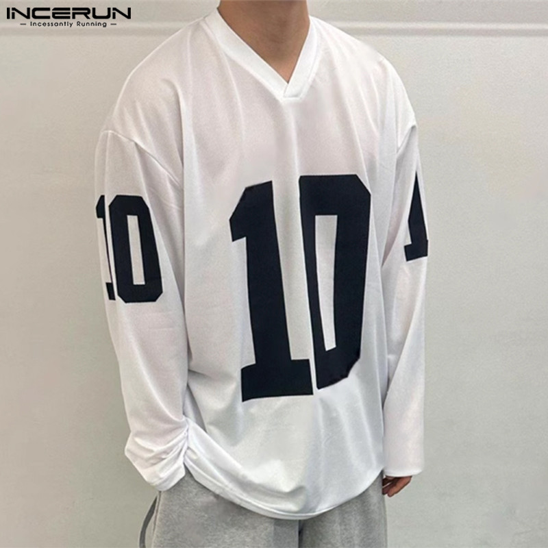 ไม่แน่นอน ผู้ชายเกาหลีลําลองตาข่ายคอวีแขนยาวพิมพ์เสื้อยืด