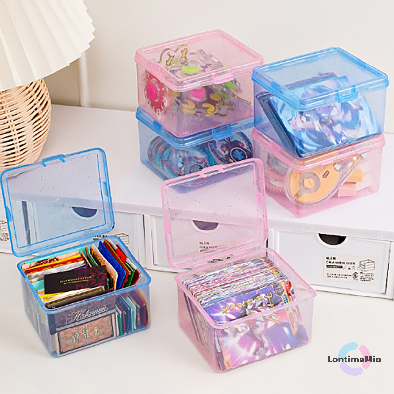 Lontimemio กล่องพลาสติกใสเก็บการ์ดขนาดเล็ก จัดระเบียบโต๊ะ เครื่องเขียน