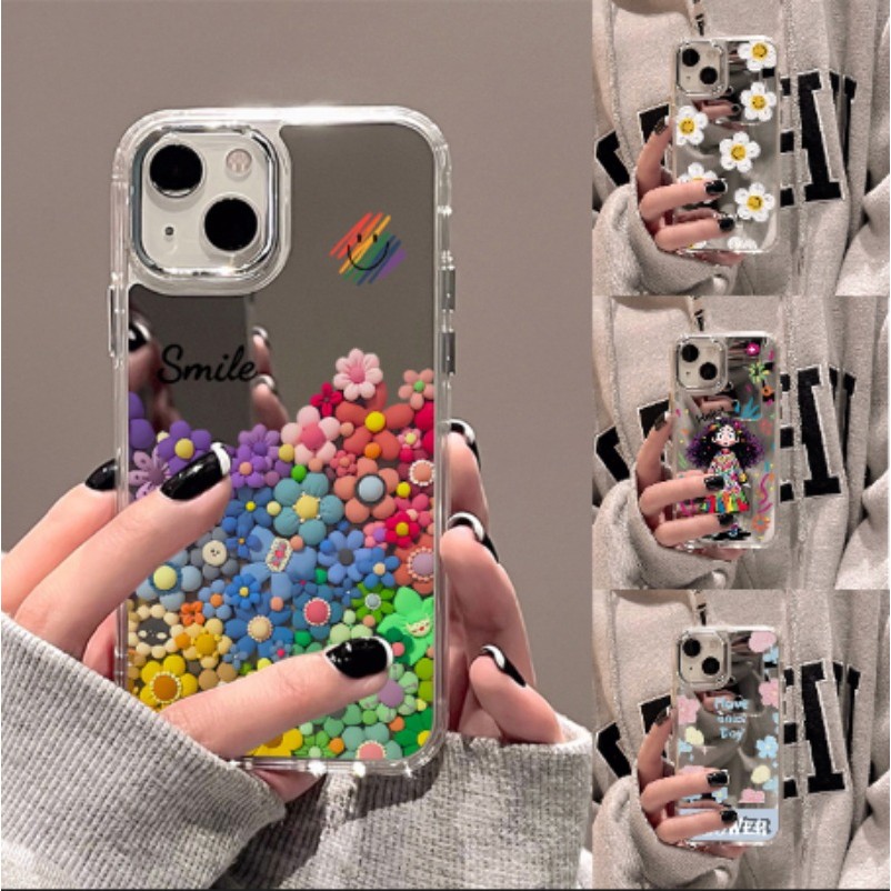 กระจกเงา iPhone case มีกระจก for iPhone 11 17 13 16 14 15 12 Pro Max 11 17Air เคสไอโฟน การ์ตูนสาวลายดอกไม้สีสันสดใส