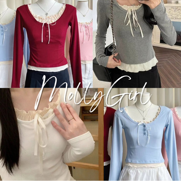 mollygirl.shop เสื้อแขนยาว สไตล์เรียบง่ายสไตล์เกาหลีที่บ้านหรือนอกบ้าน