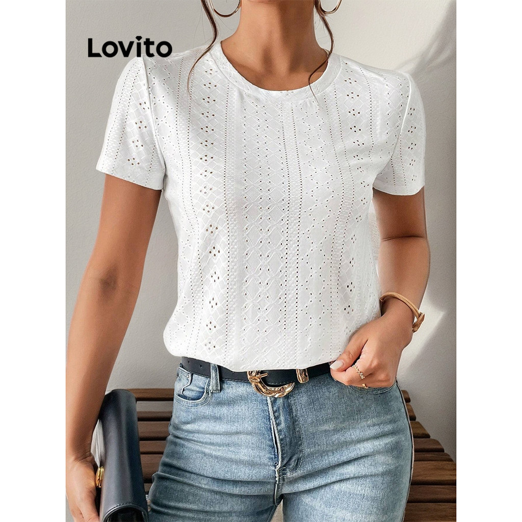 Lovito เสื้อยืดผู้หญิง ผ้าแจ็คการืด สีพื้น สไตล์ลำลอง LBL14490