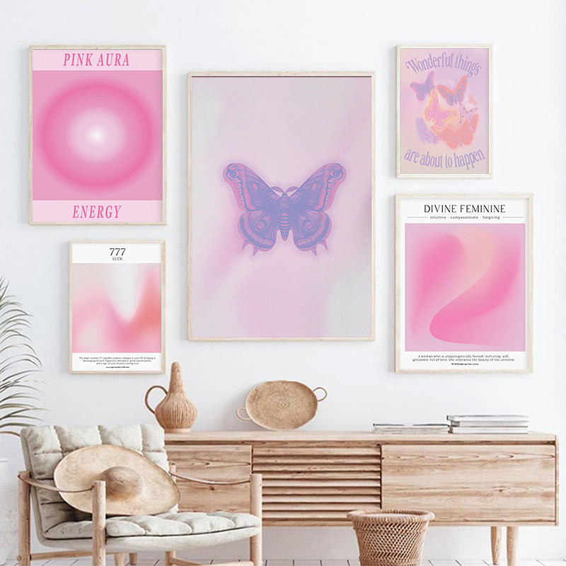 Aura Gradient สีชมพูโปสเตอร์ Spiritual Angel Wall Art ผีเสื้อสีม่วงผ้าใบภาพวาดพิมพ์ความงามตกแต่งบ้าน