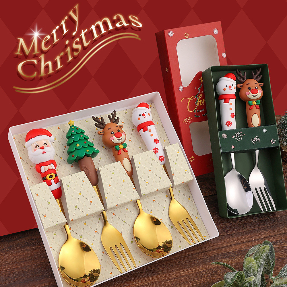 Katelv คริสต์มาสช้อนและส้อมชุด Moose Snowman ขนมหวานช้อนส้อม Santa Claus ต้นคริสต์มาสรูปแบบ Xmas ช้อนกาแฟส้อมอาหารค่ําสําหรับของขวัญ