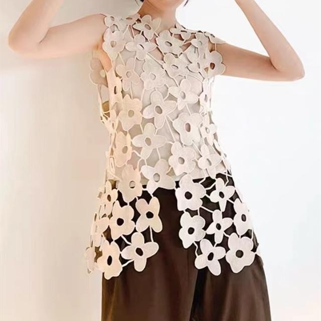 2022ไม่สมมาตรruffled Polka Dotสไตล์จีนRuffled Collar Chain Link Elegant Ladyกลีบแขนเสื้อทางปัญญาเสื้อกั๊กTop