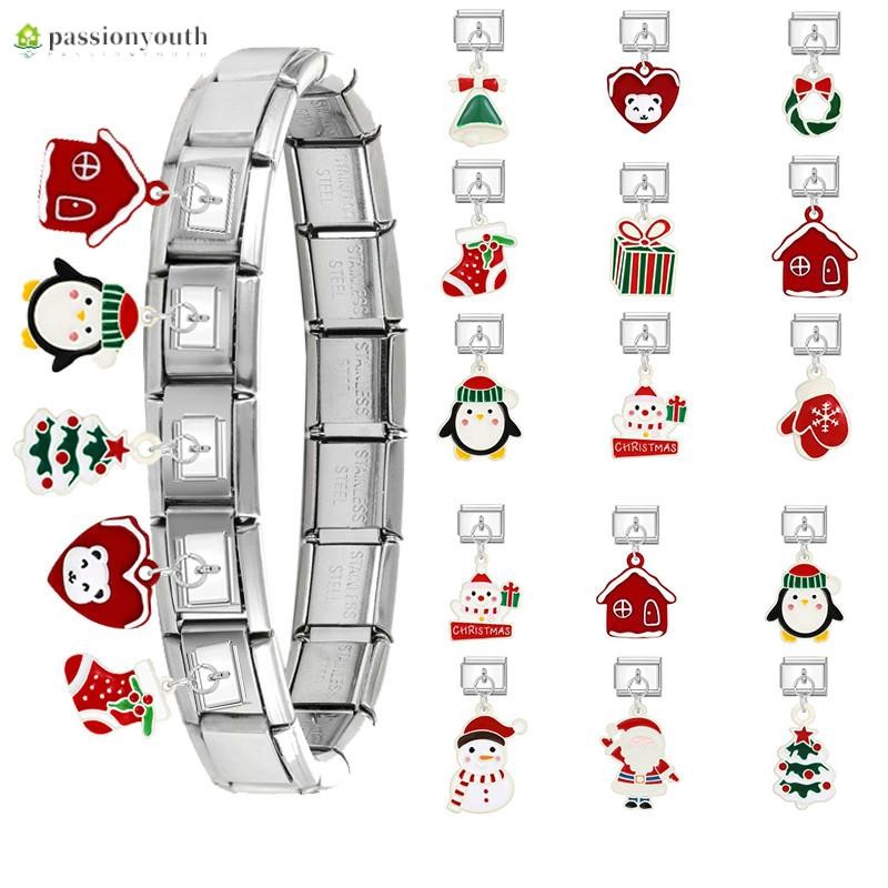Christmas Seris Italian Elastic Charms Links Fit 9mm Modular สร้อยข้อมือสแตนเลส DIY เครื่องประดับจํานวนมาก