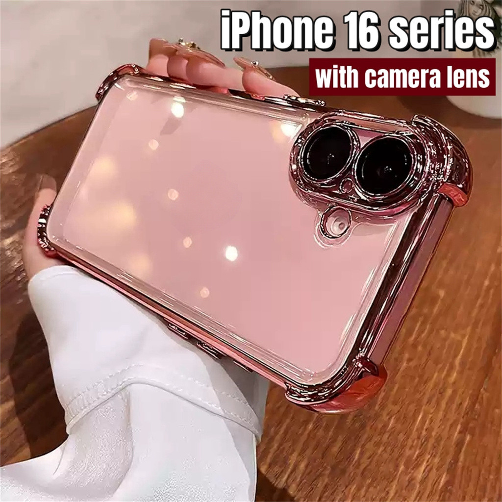 เคส iPhone 16 Pro Max พร้อมเคสเลนส์กล้อง iPhone 11 12 13 Pro Max iPhone 14 15 Pro Max 16 Plus Deluxe สังกะสีเคสอวกาศเคสโทรศัพท์อะคริลิคโปร่งใสและกันกระแทก
