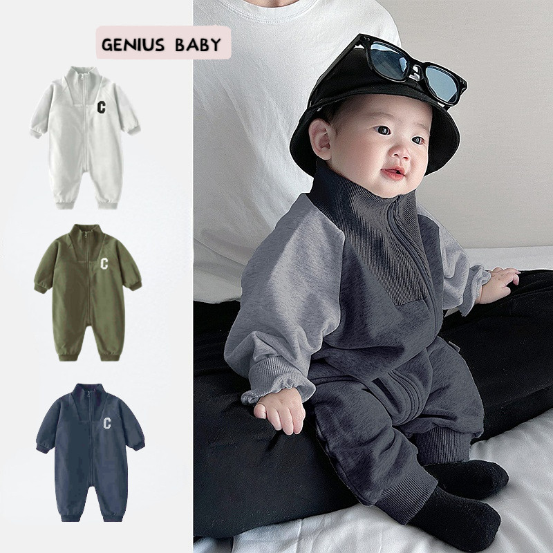 ฤดูใบไม้ผลิฤดูใบไม้ร่วงใหม่เสื้อผ้าเด็กชายแขนยาวชั้นเดียวซิปบอดี้สูท0-36เดือนเด็กซูเปอร์หล่อจดหมายที่เรียบง่าย ชุดรอมเปอร์ สไตล์เกาหล