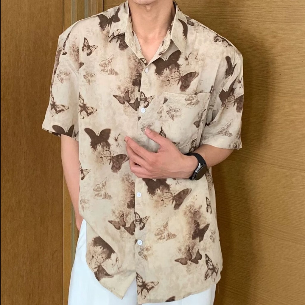 ฤดูร้อน ซอก ออกแบบผีเสื้อหมึกหลวมสบายๆขี้เกียจผ้าม่านไม่ใช่เหล็กครึ่งแขนเสื้อพิมพ์เสื้อผู้ชายแขนสั้น ราคา ถูกที่สุด ดีลบีเคเค แกลเลอรีภาพที่ 9