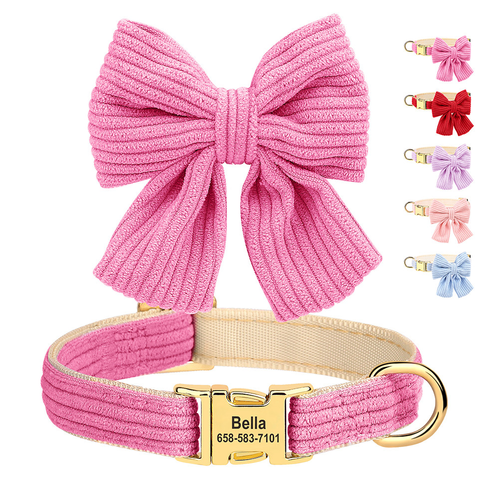 ปลอกคอสุนัขกํามะหยี่แบบนุ่มส่วนบุคคลพร้อมหัวเข็มขัดโลหะแกะสลัก Bowtie แบบถอดได้