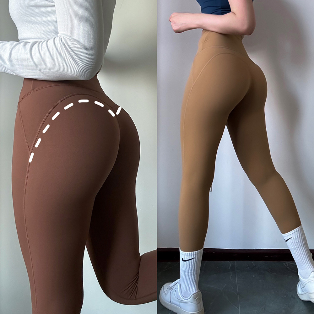 【LASYYOGA】 กางเกงโยคะ/พิลาทิส สีเนื้อ เอววี ไม่ต้องใส่กางเกงใน มีซ่อนกระเป๋า